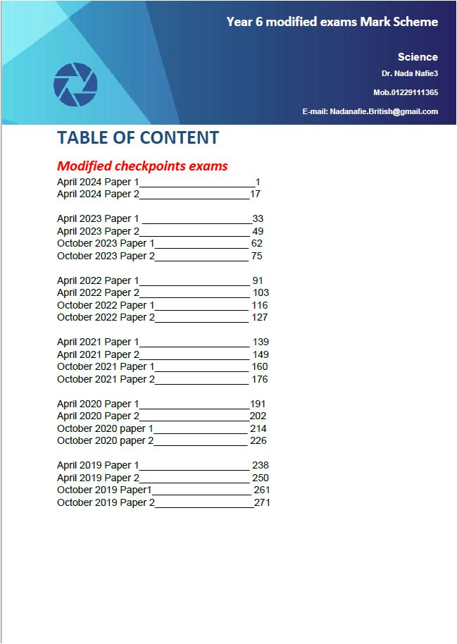 Cambridge Primary (Y6) Science (0097) Modified Mark Scheme Nada Nafea