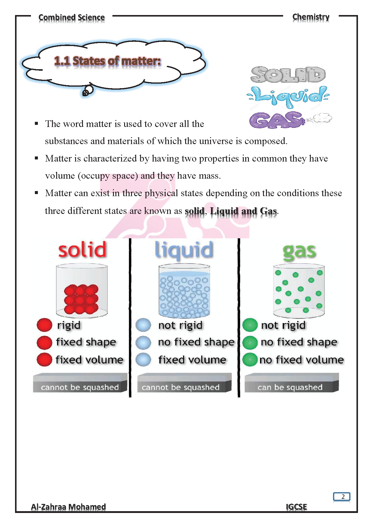 Cambridge O.L Combined Science CHEMISTRY  (0653) Study Notes Dr. Al-Zahraa Mohamed 2026