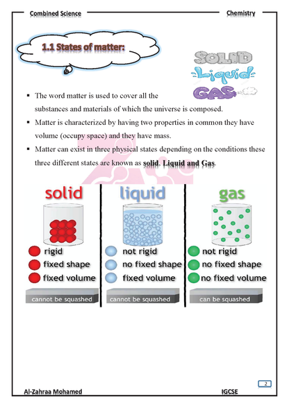 Cambridge O.L Combined Science CHEMISTRY  (0653) Study Notes Dr. Al-Zahraa Mohamed 2026