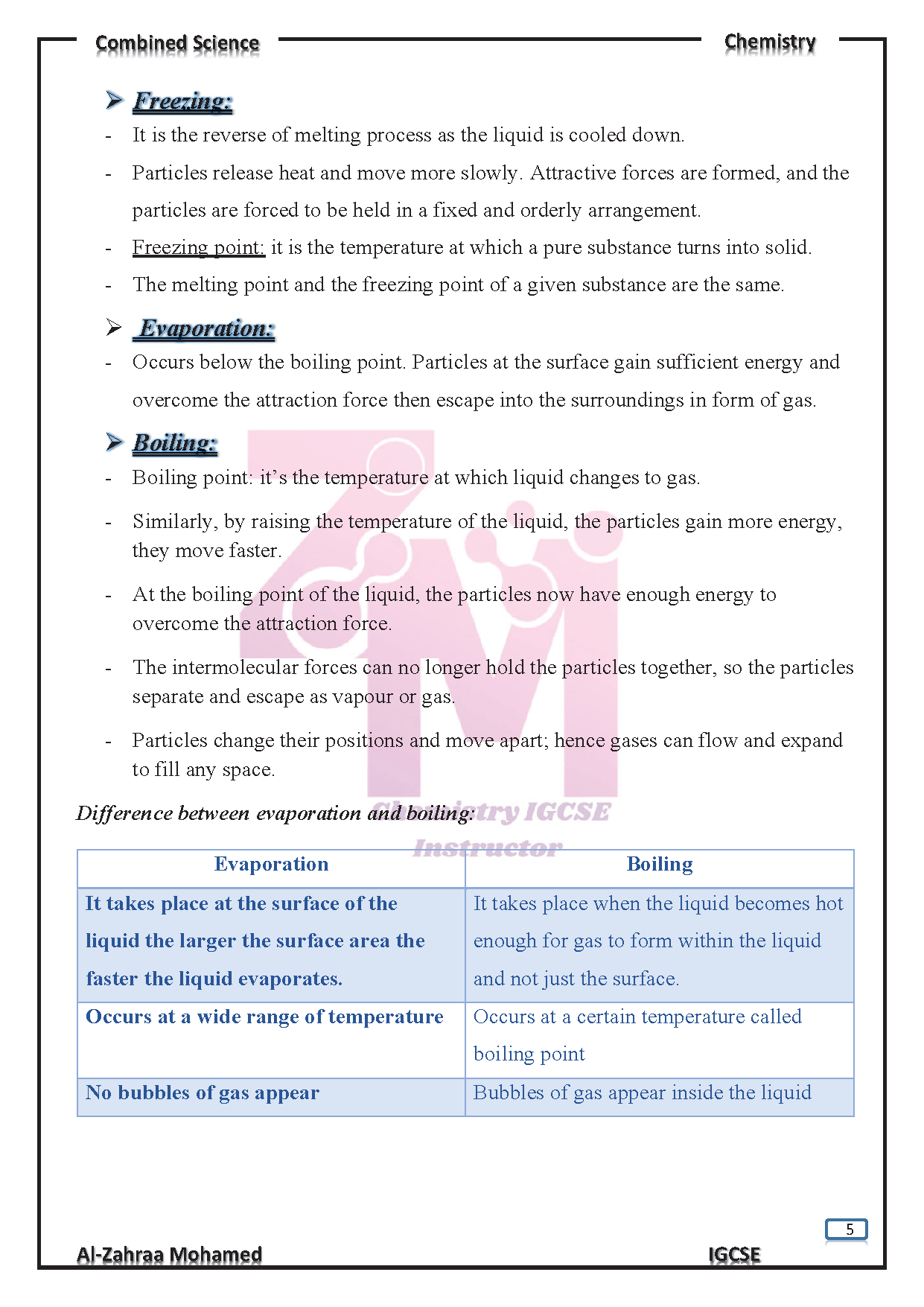 Cambridge O.L Combined Science CHEMISTRY  (0653) Study Notes Dr. Al-Zahraa Mohamed 2026