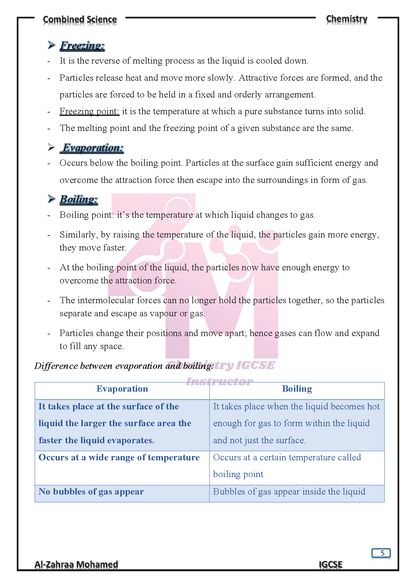 Cambridge O.L Combined Science CHEMISTRY  (0653) Study Notes Dr. Al-Zahraa Mohamed 2026