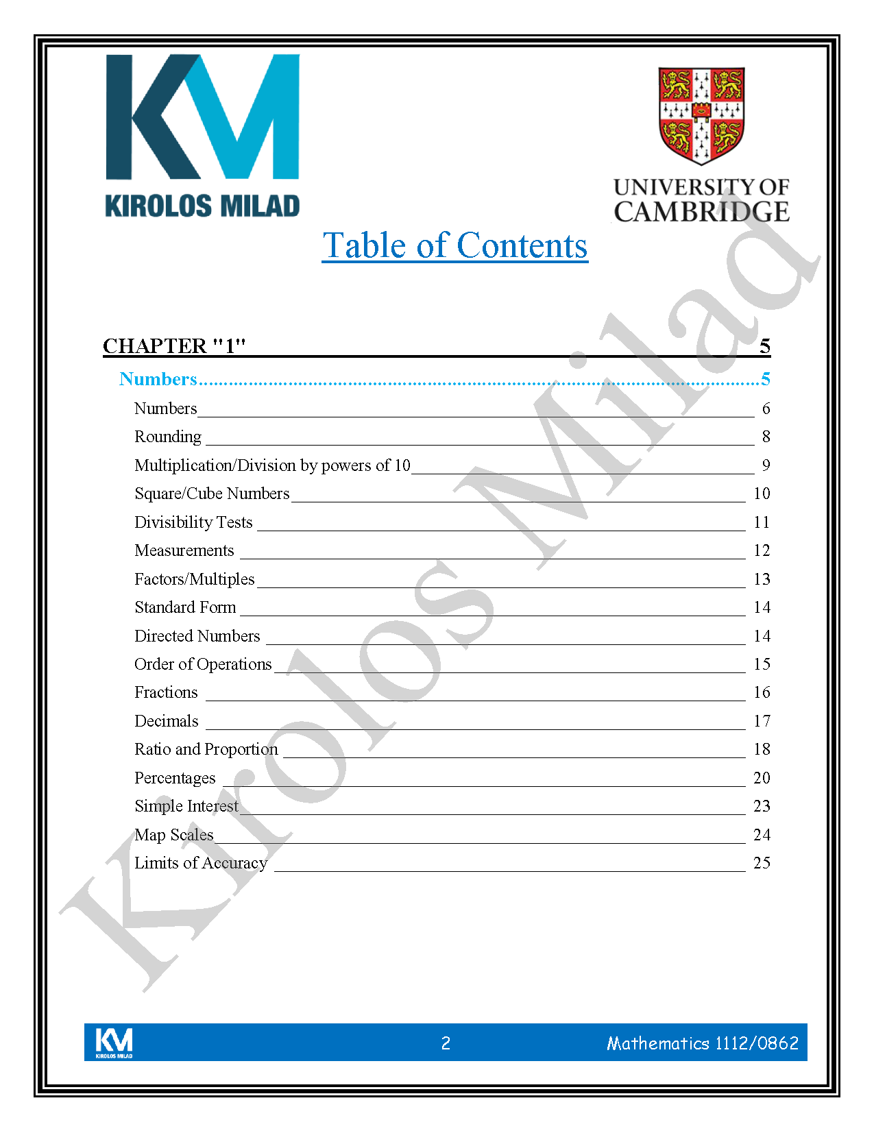 Cambridge Checkpoint 2  Maths Year 8 (1112-0862) Notes - Kirolos milad ( 2026 )