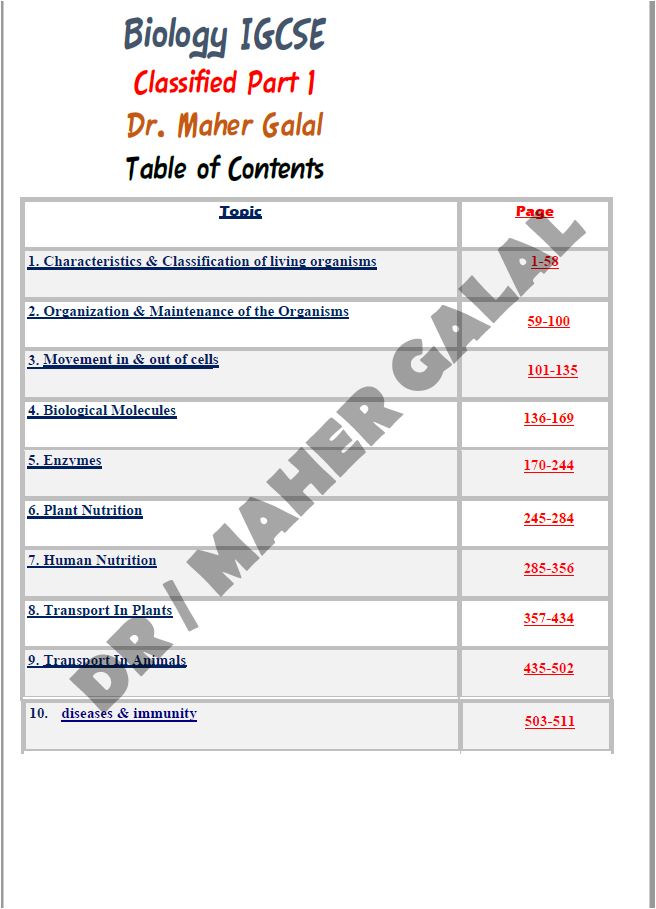 Cambridge Pre-IG Biology (0610/0970) Classified With M.S Maher Galal