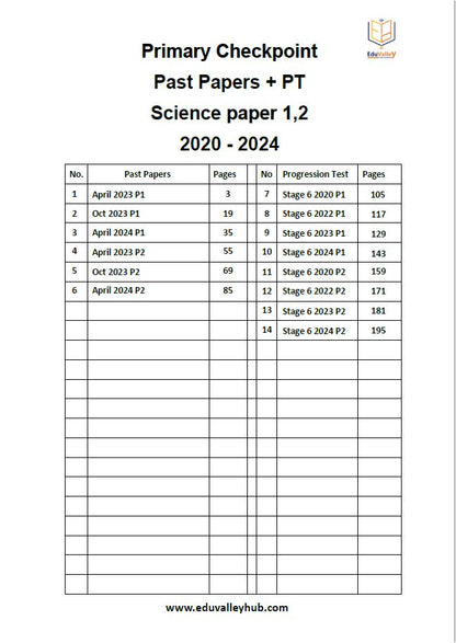 Cambridge Primary (Y6) Science (0097) Past papers, ProgressionTest Stage 6 ( 2020 - 2024 ) P1&2 With Qr Mark Scheme From 2023-2024